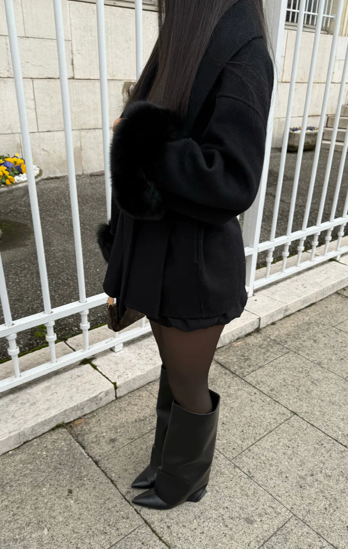 WOOLCOAT WITH FUR- BLACK