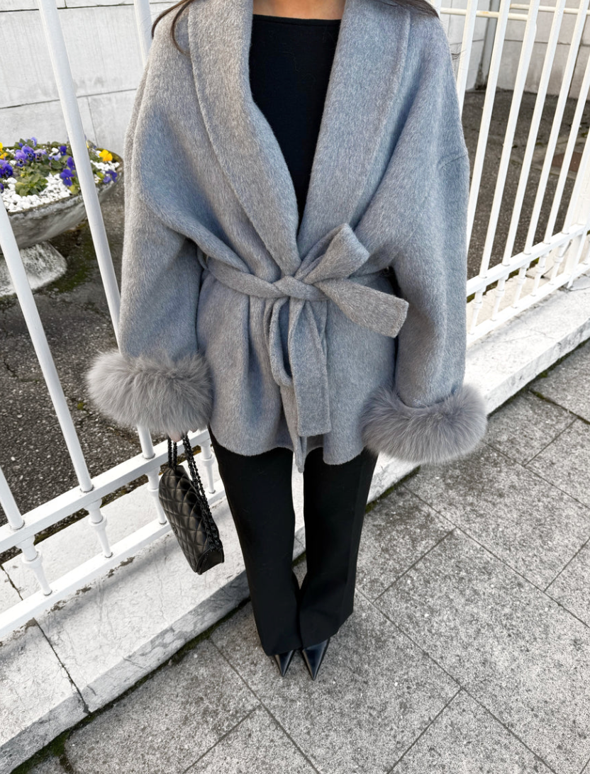 WOOLCOAT WITH FUR- STONE GREY