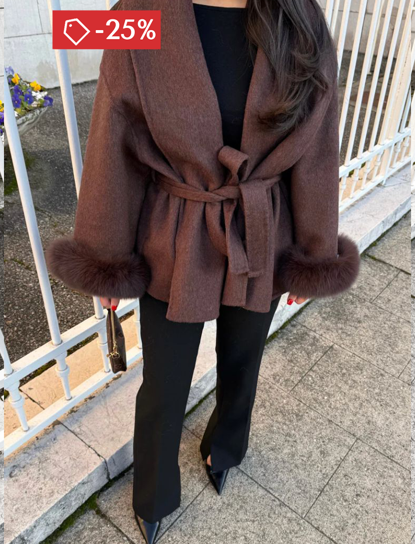 Wollmantel mit Pelz - Mokka