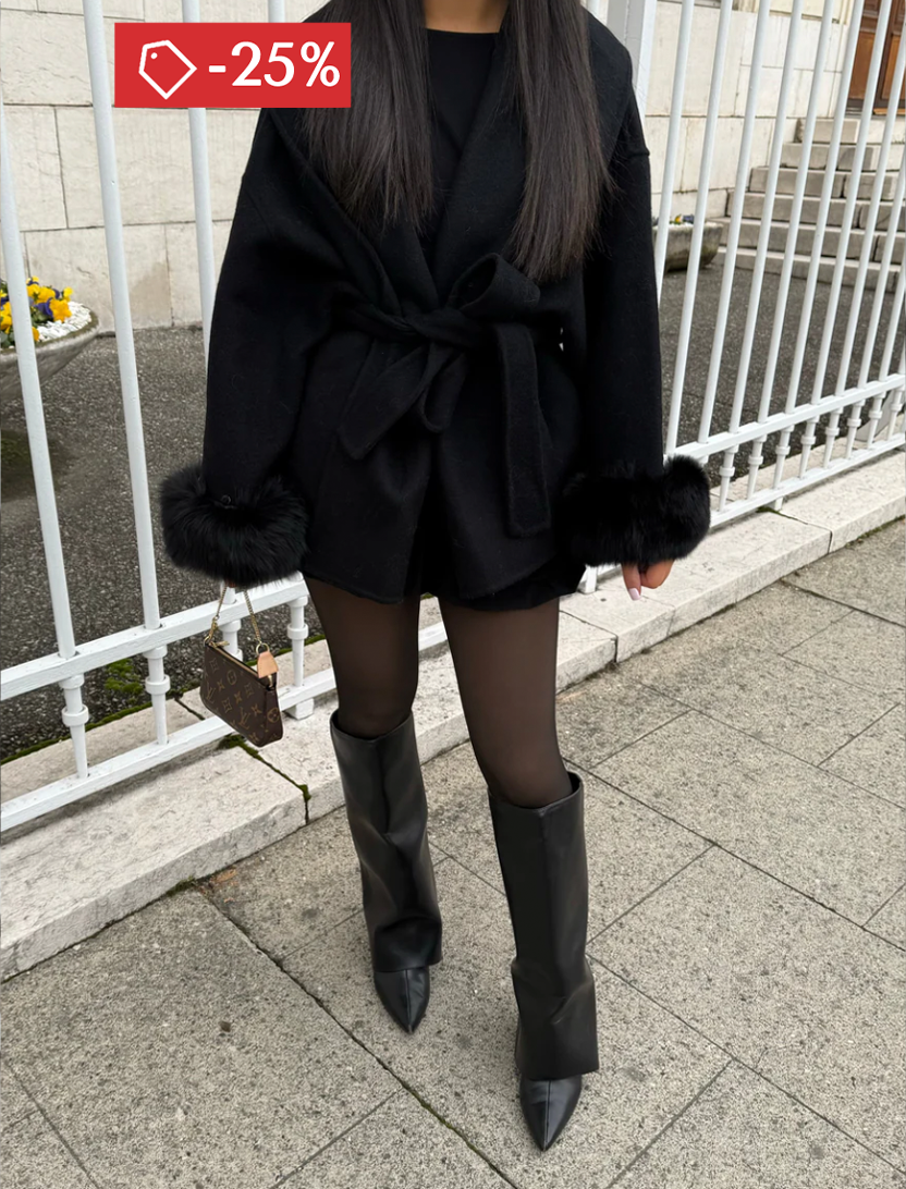 MANTEAU EN LAINE AVEC FOURRURE - NOIR
