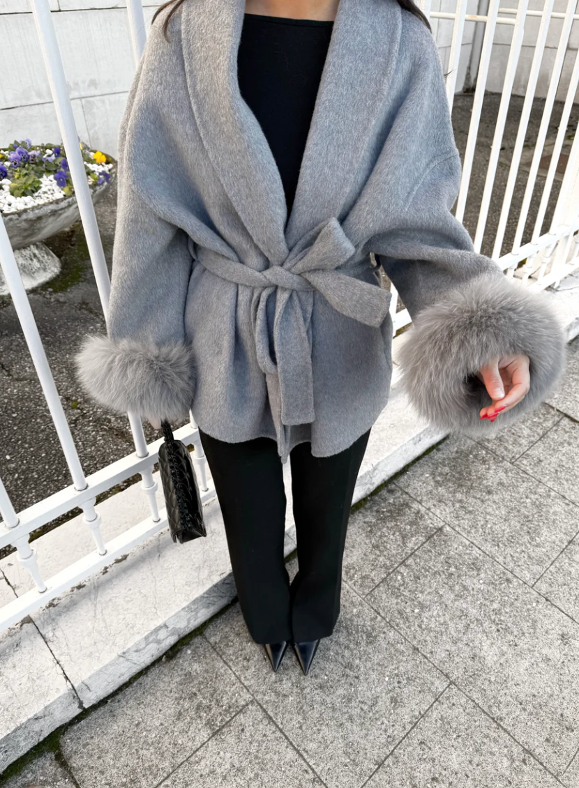 WOOLCOAT WITH FUR- STONE GREY