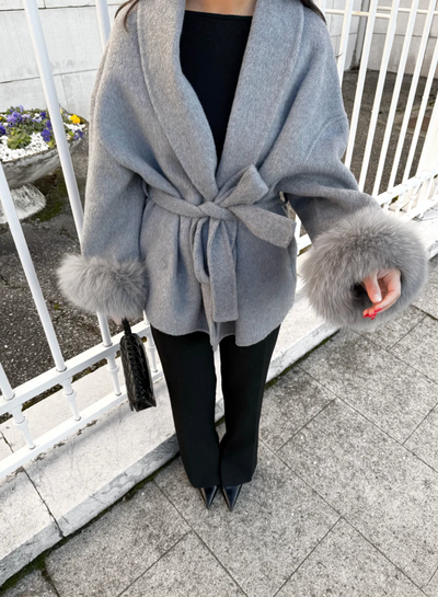 WOOLCOAT WITH FUR- STONE GREY