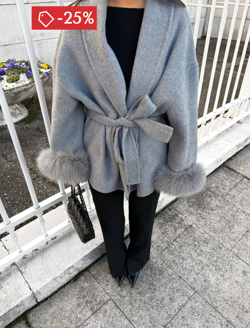 WOOLCOAT WITH FUR- STONE GREY