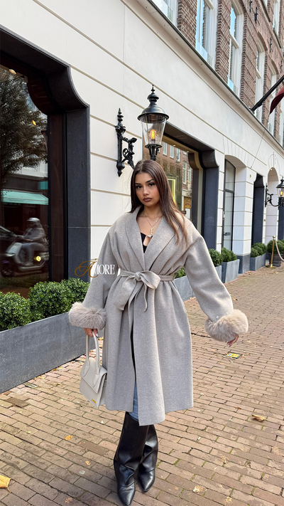 WOOLCOAT LONG WITH FUR- WARM TAUPE