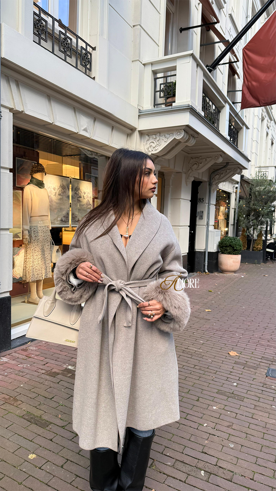 WOOLCOAT LONG WITH FUR- WARM TAUPE