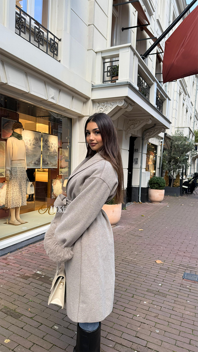 WOOLCOAT LONG WITH FUR- WARM TAUPE